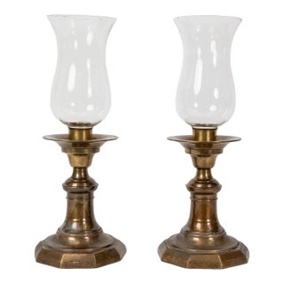 Pair of 19th Century Continental Brass Hurricane Candlesticks For Sale