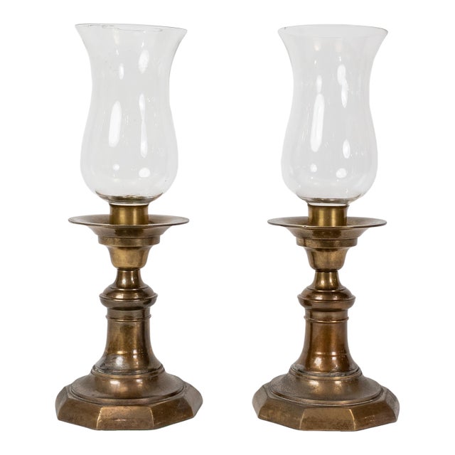 Pair of 19th Century Continental Brass Hurricane Candlesticks For Sale