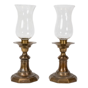 Pair of 19th Century Continental Brass Hurricane Candlesticks