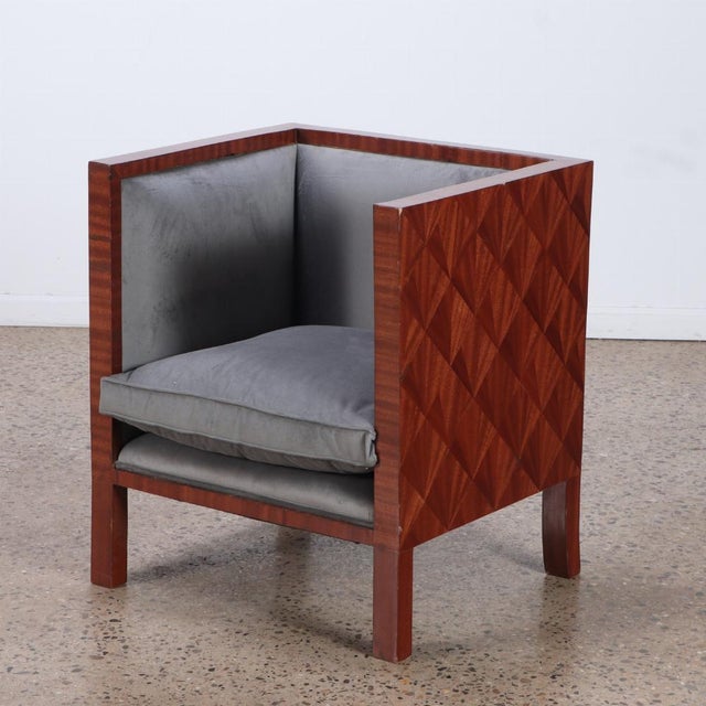 Mid-Century Modern Pair of Mahogany and Upholstered Cube Chairs, in the Manner of Jean Michel Frank For Sale - Image 3 of 6