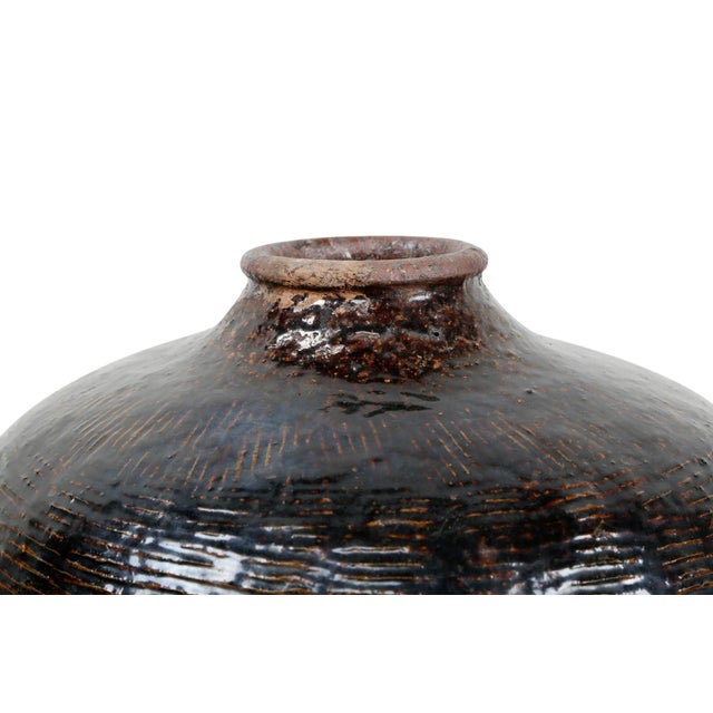 Rustic Mid-Century Vintage Dark Brown Glazed Porcelain Wine Jar For Sale - Image 3 of 5