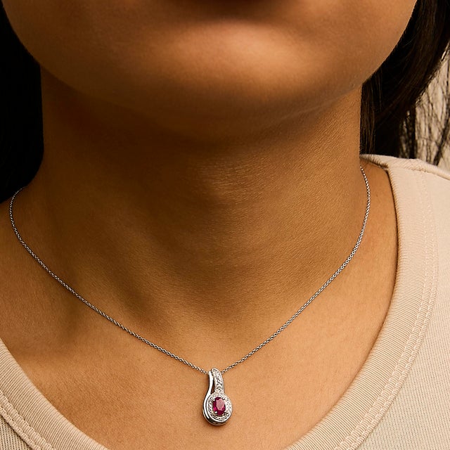 Haus of Brilliance .925 Sterling Silver Red Ruby and Diamond Accent Milgrain Swirl Pendant Necklace - 18" Inches For Sale - Image 4 of 5