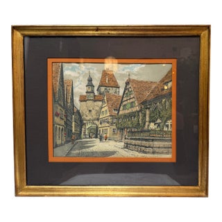Late 20th Century Hand Colored Etching of Rothenberg, Germany For Sale