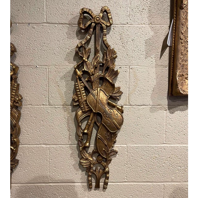 Pair of Mid-Century Italian Louis XVI Giltwood Musical Wall Trophies For Sale - Image 4 of 11