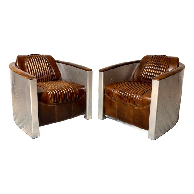 1990s Stunning Aviator Leather & Aluminum Lounge Chairs – Pair For Sale