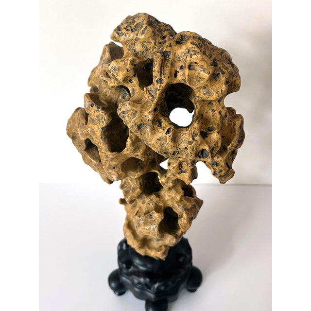 Wood Chinese Yellow Scholar Taihu Stone on Wood Stand For Sale - Image 7 of 13