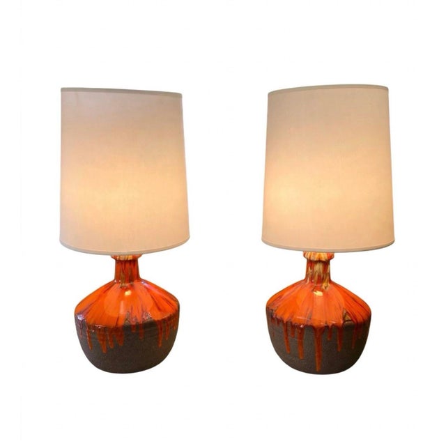 Vintage Mid Century Modern 1960s Lava Drip Glazed Ceramic Set of Table Lamps Pair For Sale - Image 9 of 11