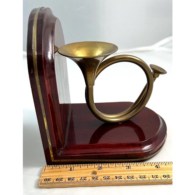 Mid-Century Modern Vintage Wooden French Horn Brass Bookends-Pair For Sale - Image 3 of 7