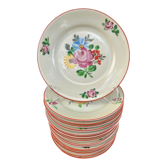 Seltmann Vohenstrauss Bavaria Art Deco Hand Painted Floral Porcelain Plates- Set of 8 For Sale