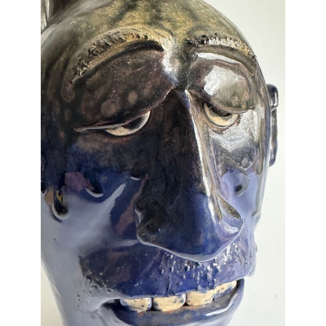 Vintage Georgia Folk Pottery Face Jug by Dal Burtchaell – Blue Glaze Sculptural Pitcher – Southern Folk Art For Sale - Image 11 of 12