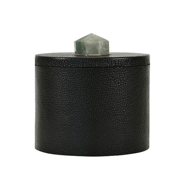Worlds Away Matthew Izzo Home Marlene Round Black Pebbled Faux Leather Container With Green Anenturine Stone Handle For Sale - Image 4 of 4