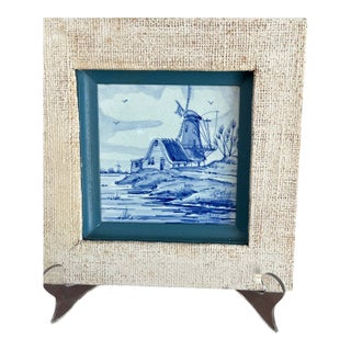 Mid-Century Dutch Delft Blue Hand-Painted Windmill Tile in Linen Frame For Sale