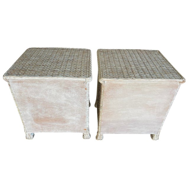 White Late 20th Century Pair of Woven Rattan Nightstands Wicker, Wood For Sale - Image 8 of 11