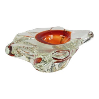 Handmade Clear & Orange Glass Ashtray For Sale