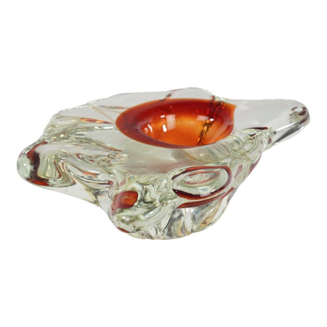 Handmade Clear & Orange Glass Ashtray For Sale