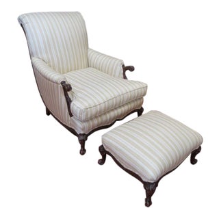 Vintage French Style Carved Walnut Lounge Chair and Ottoman For Sale