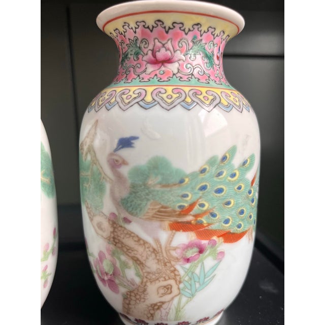 Ceramic Antique Famille Rose Petite Peacock Vases-a Pair For Sale - Image 7 of 9