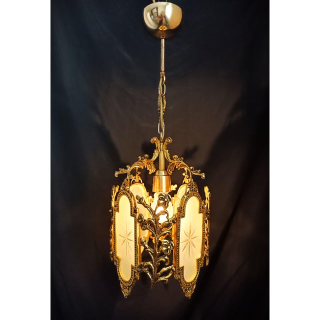 Vintage Brass Chandelier Pendant Light French Style Floral Glass Ceiling Fixture For Sale - Image 9 of 12