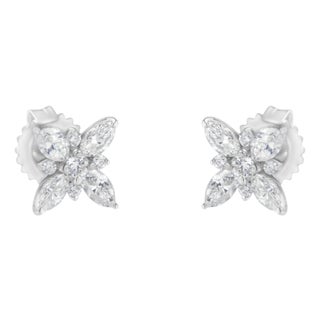 14K White Gold Marquise Diamond Flower Stud Earring (1.00 cttw, H-I Color, SI1-SI2 Clarity) For Sale