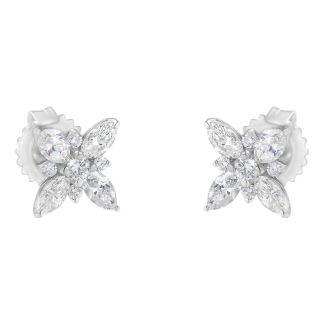 14K White Gold Marquise Diamond Flower Stud Earring (1.00 cttw, H-I Color, SI1-SI2 Clarity) For Sale