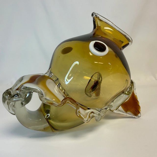 1980s Vintage Italian Boho Chic Handblown Amber Glass Large Scale Fish Sculptural Vase. For Sale - Image 9 of 11