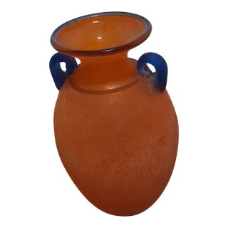 Vintage Franco Moretti Salvo Hand Blown Vase Signed Orange Blue Amphora 1980's For Sale