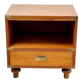 1960s Vintage Mid-Century Modern Fruitwood Campaign Style Bedside Table For Sale