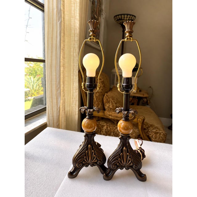 Vintage Pair of Ornate Table Lamps With Polished Natural Stone Spheres, Dark Bronze & Brass Finish, Traditional European Style For Sale - Image 4 of 10