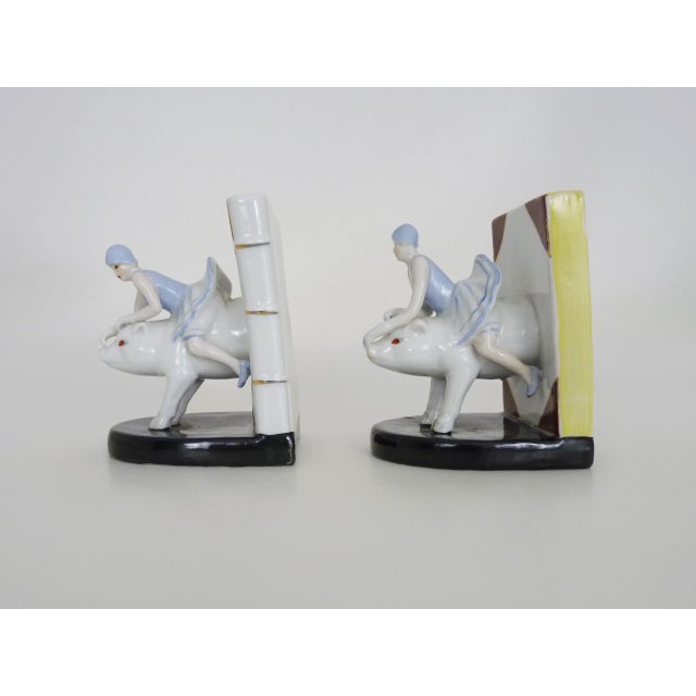 White Italian Art Deco Bookends Woman on Ceramic Pig, 1930s For Sale - Image 8 of 11