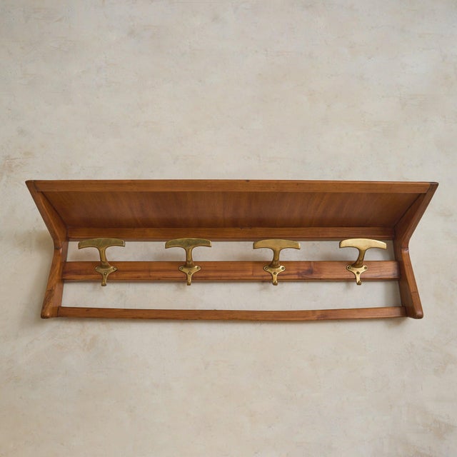 Brown Danish Modern Cherry Wood + Brass Wall-Mounted Coat Rack, 1960s For Sale - Image 8 of 9