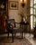 Elegant antique French Neoclassical-style armchair crafted from dark mahogany, featuring a beautifully carved crest with...