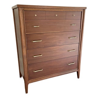 Refinished Mid-Century Modern Stanley Walnut Dresser Highboy Chest of Drawers With Original Brass Hardware For Sale