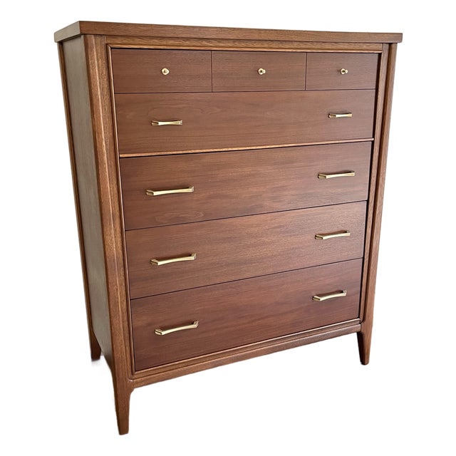 Refinished Mid-Century Modern Stanley Walnut Dresser Highboy Chest of Drawers With Original Brass Hardware For Sale