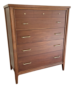 Refinished Mid-Century Modern Stanley Walnut Dresser Highboy Chest of Drawers With Original Brass Hardware