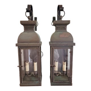 Visual Comfort Copper Patina & Glass Outdoor Light Fixtures - a Pair For Sale