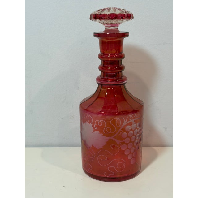 1950s French Cranberry Red Cut to Clear Glass Decanter Bottle With Stopper With Grape Detailing For Sale - Image 4 of 9
