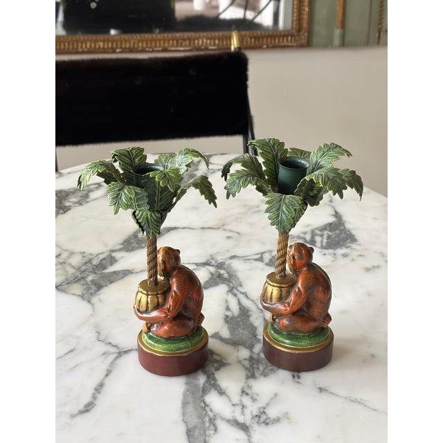 Vintage Palm Beach Style Petite Choses Monkey Palm Tree Candle Holders - A Pair For Sale - Image 9 of 9