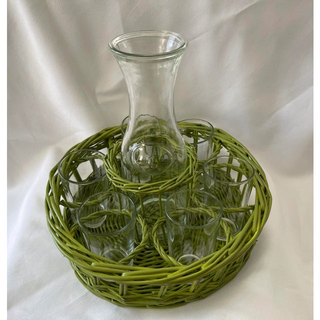 Vintage Italian Sangria Wine Carafe with 6 glasses and pouring cafe and beautiful green wicker carryall. Perfect for...