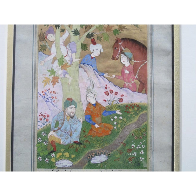 Persian Persian Miniature Framed Illuminated Book Manuscript of Figures in Garden Setting For Sale - Image 3 of 7
