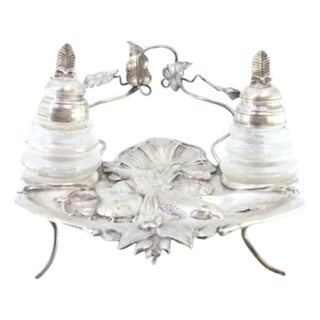 Silver and Glass Inkwell with Embossed Fish Figure and Acanthus Leaves For Sale