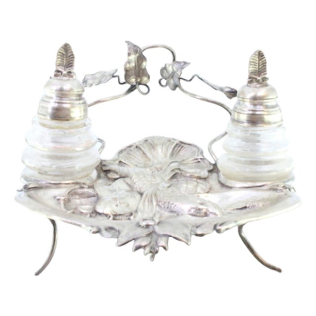 Silver and Glass Inkwell with Embossed Fish Figure and Acanthus Leaves For Sale