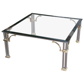 Chrome and Brass Square Fretwork Coffee Table For Sale