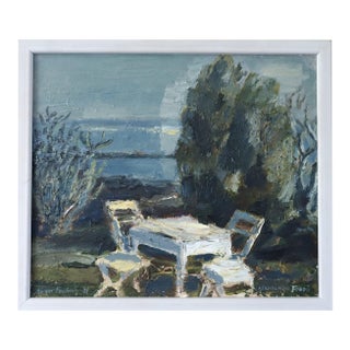 1981 Modernist 'Garden by the Water' Vintage Original Mini Landscape Oil Painting, Framed For Sale