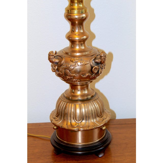 Vintage Asian Figural Brass Table Lamp With Milk Glass Globe Shade – Hollywood Regency Chinoiserie Lighting For Sale In Naples, FL - Image 6 of 16