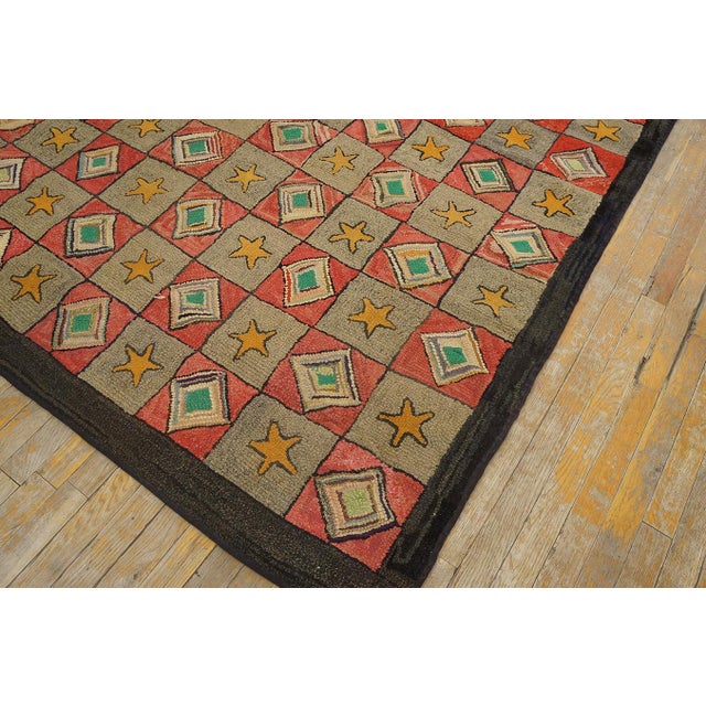 1920s Gray Red Geometric Folk Art Antique American Hooked Rug 6'8" X 7'5" Hand Knotted Wool Carpet For Sale - Image 10 of 15