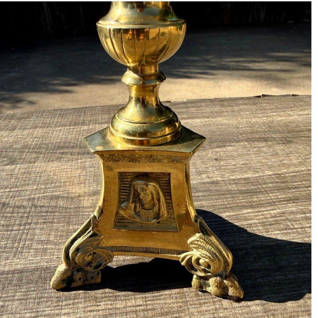 Antique Church Altar Brass Mary Joseph Jesus 12" Fluted Stem Tripod Candlestick For Sale - Image 4 of 10