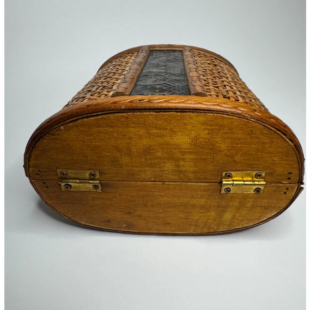 Boho Chic Coastal Rattan Embossed Black Metal and Wood Basket For Sale - Image 3 of 12