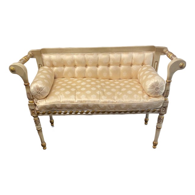 Late 20th Century Vintage French-Style Gilded Settee With Tufted Back and Bolster Pillows For Sale