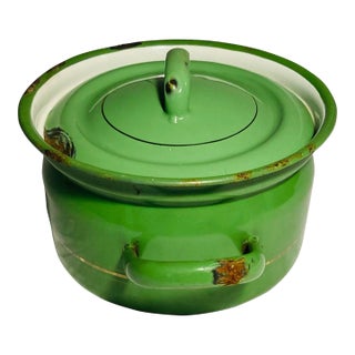 Vintage Enamel Ware Pot With Lid in Green With Narrow Gold Stripe Handle to Two Sides For Sale
