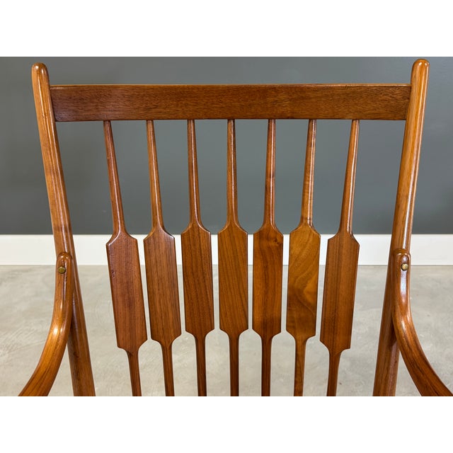 A mid century modern walnut Centennial dining chair designed by Kipp Stewart and Stewart MacDougall for Drexel. Excellent...
